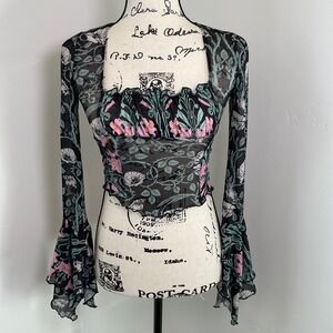 WIDOW XXS Black Floral Print Sheer Long Sleeve Ruffle Crop‎ Top
